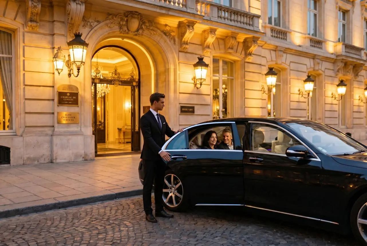 Luxury car Paris sedan parked outside a Paris hotel